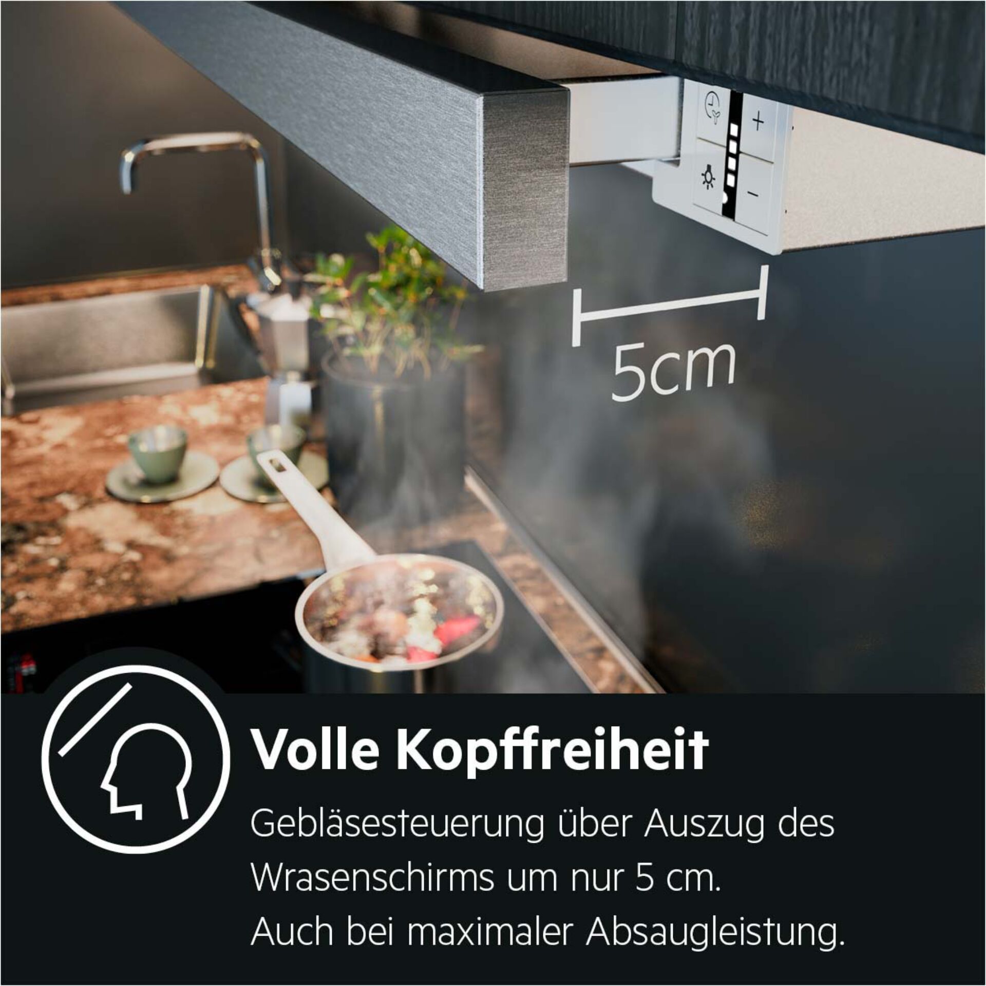 Küchenhaube, Dunstabzug, 5 cm Abstand, Lüftungssteuerung, Gehäuse Metall