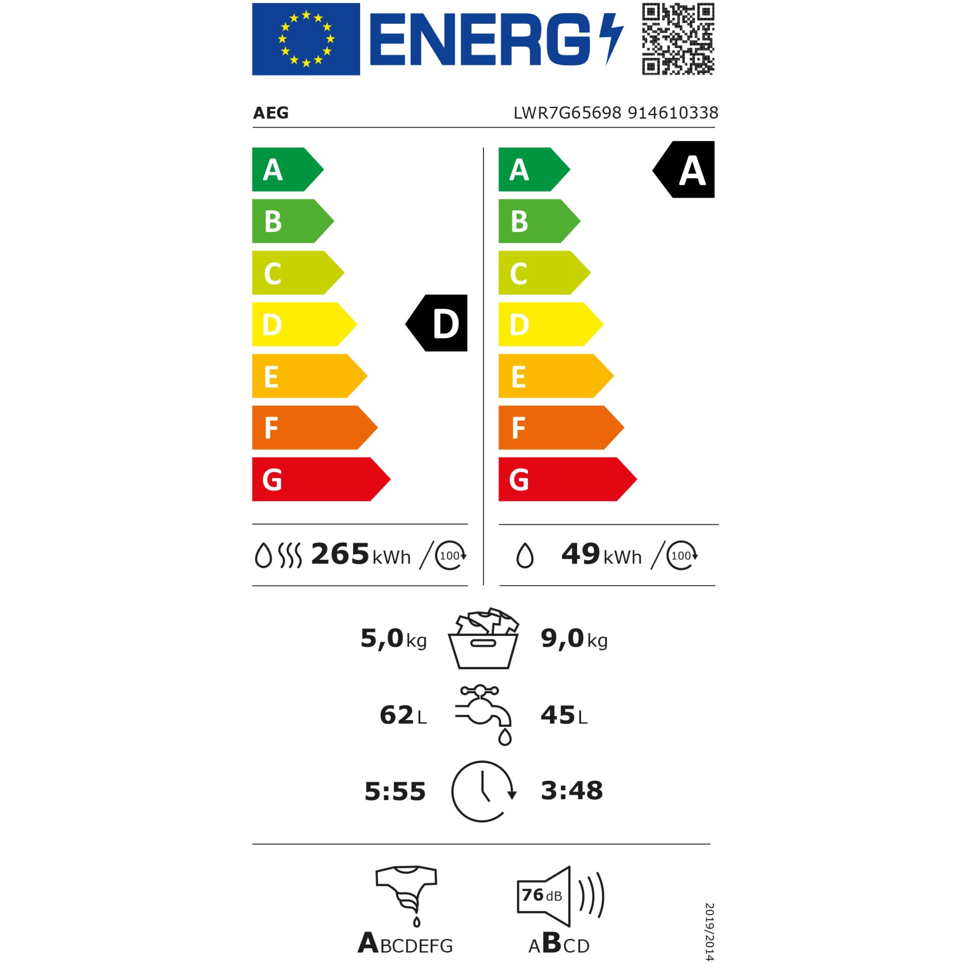AEG LWR7G65698  Waschtrockner – Energieeffizienzklasse D