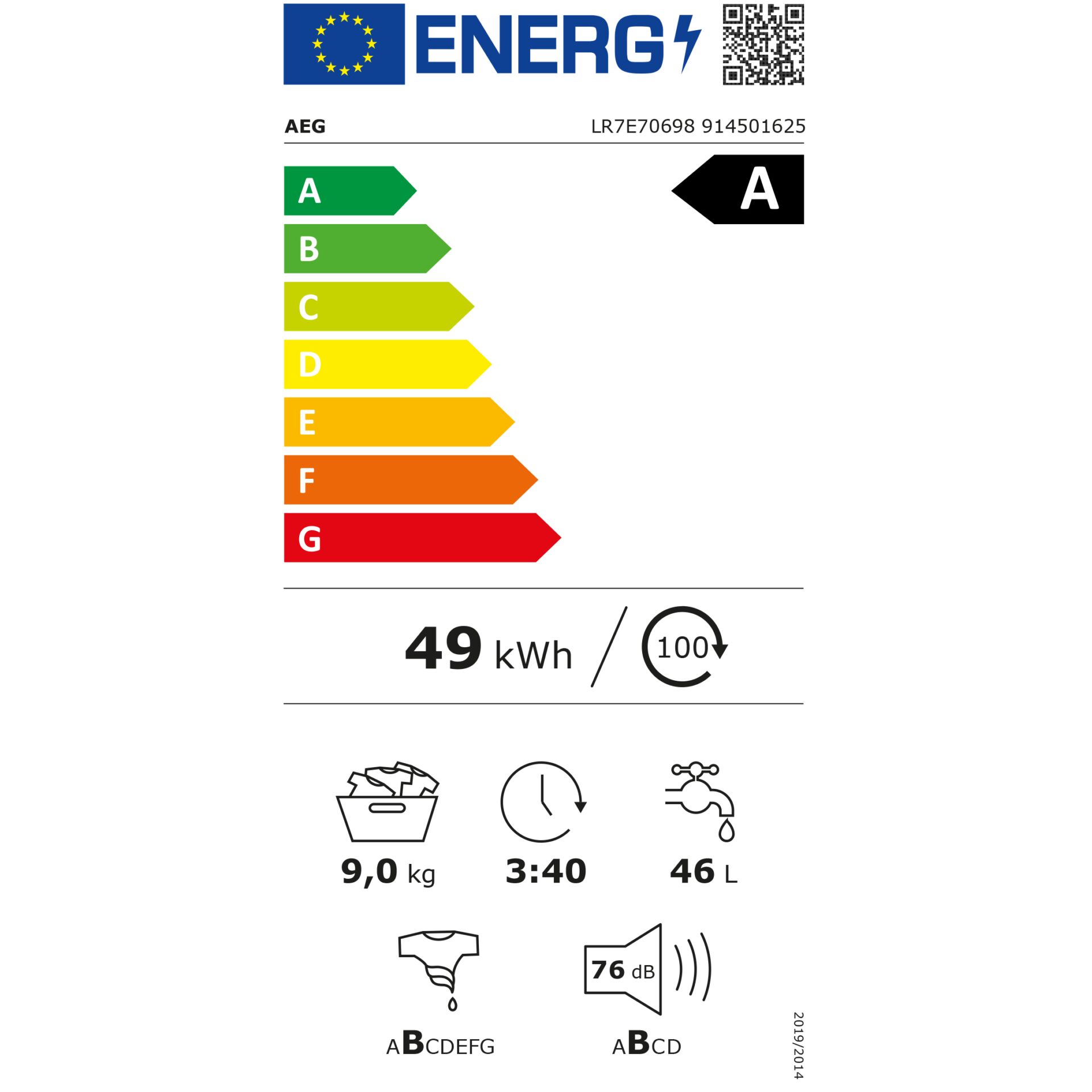 AEG LR7E70698  Waschautomaten Frontlader – Energieeffizienzklasse A