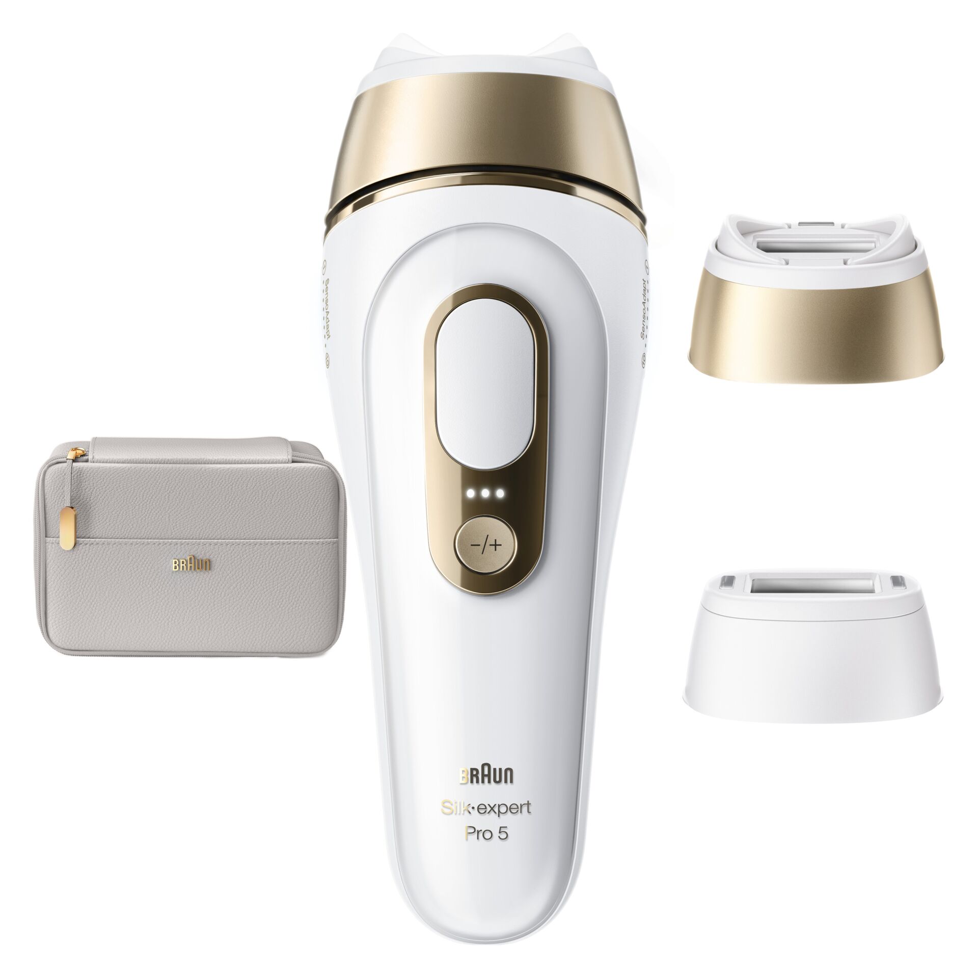 Elektrischer Rasierer, Braun Silk-expert Pro 5, goldene Akzente, Stromversorgung, Reiseetui