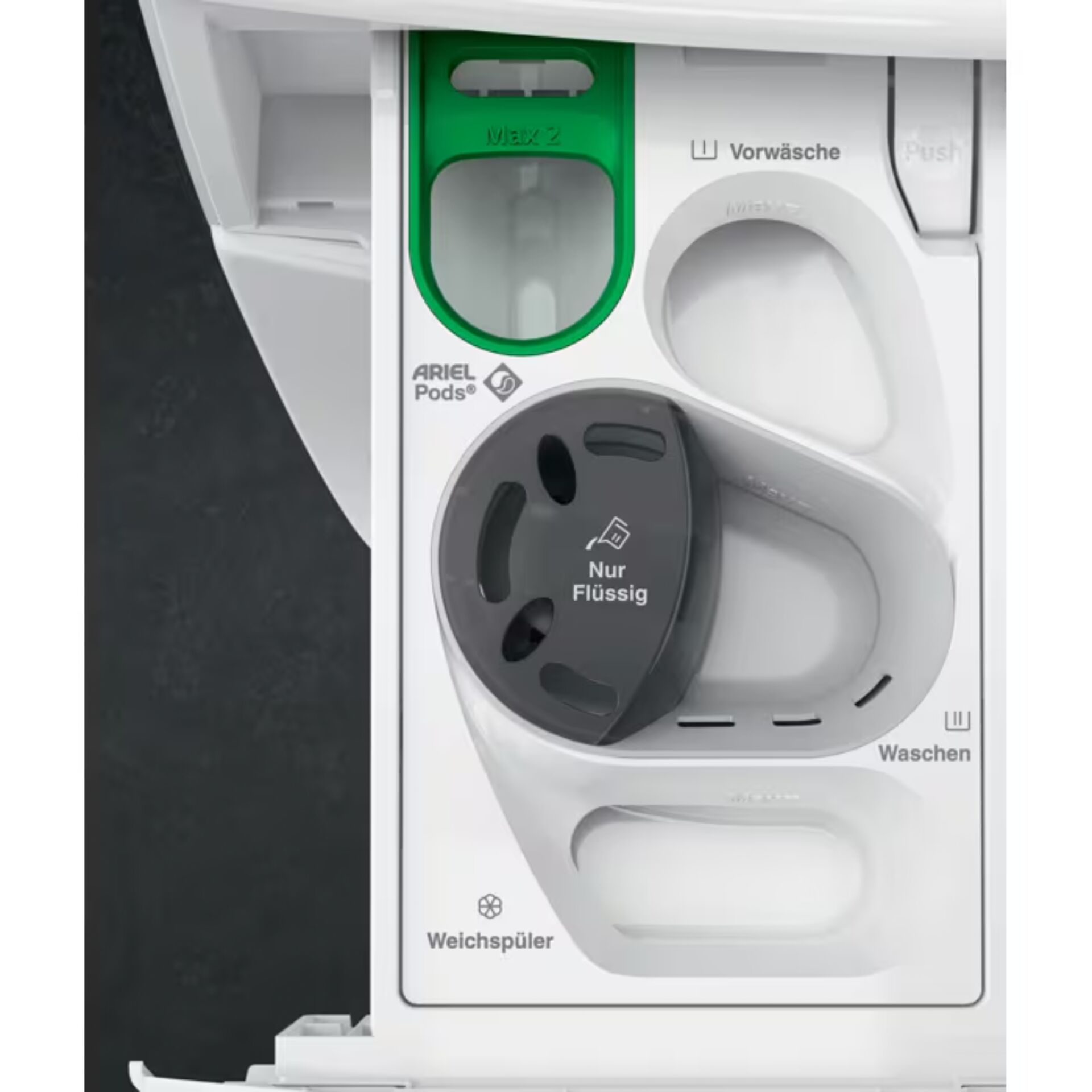 Waschmaschine, Waschmittelbehälter, Grüner Bereich, Nur Flüssig, Ariel Pods