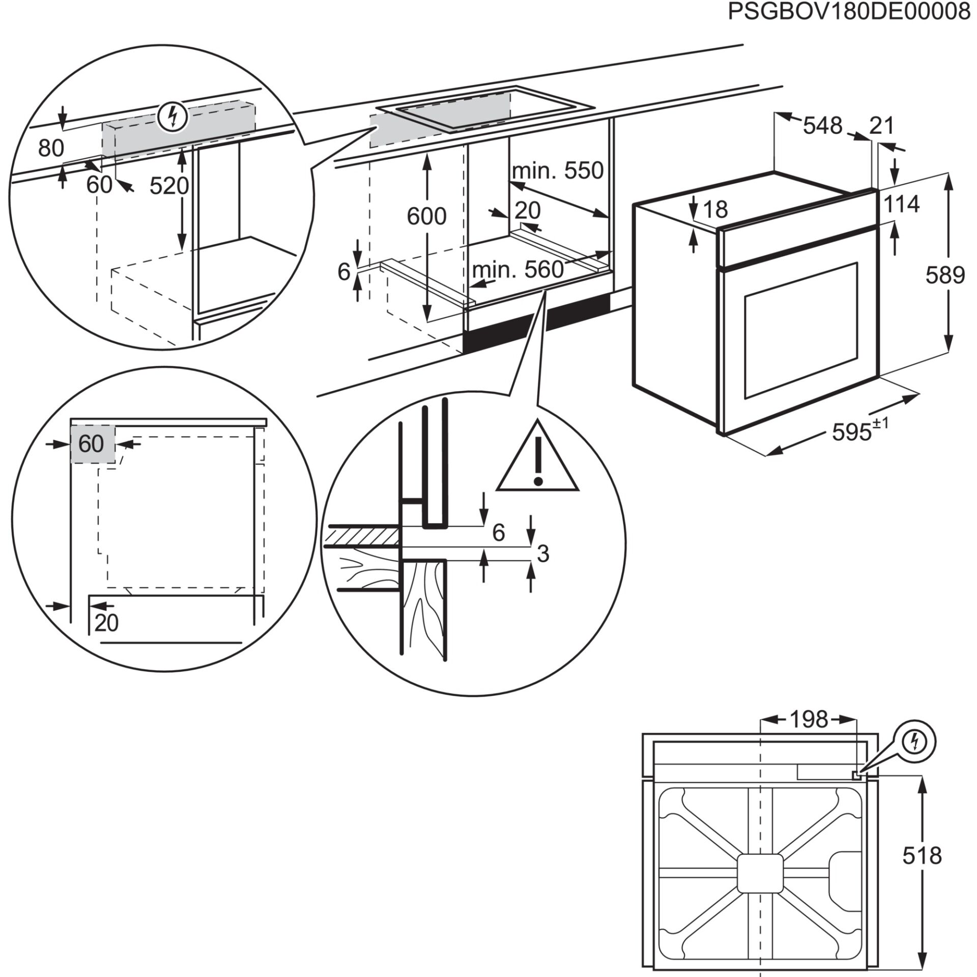 induction hob, built-in, kitchen oven, cabinet installation, stahlrahmen