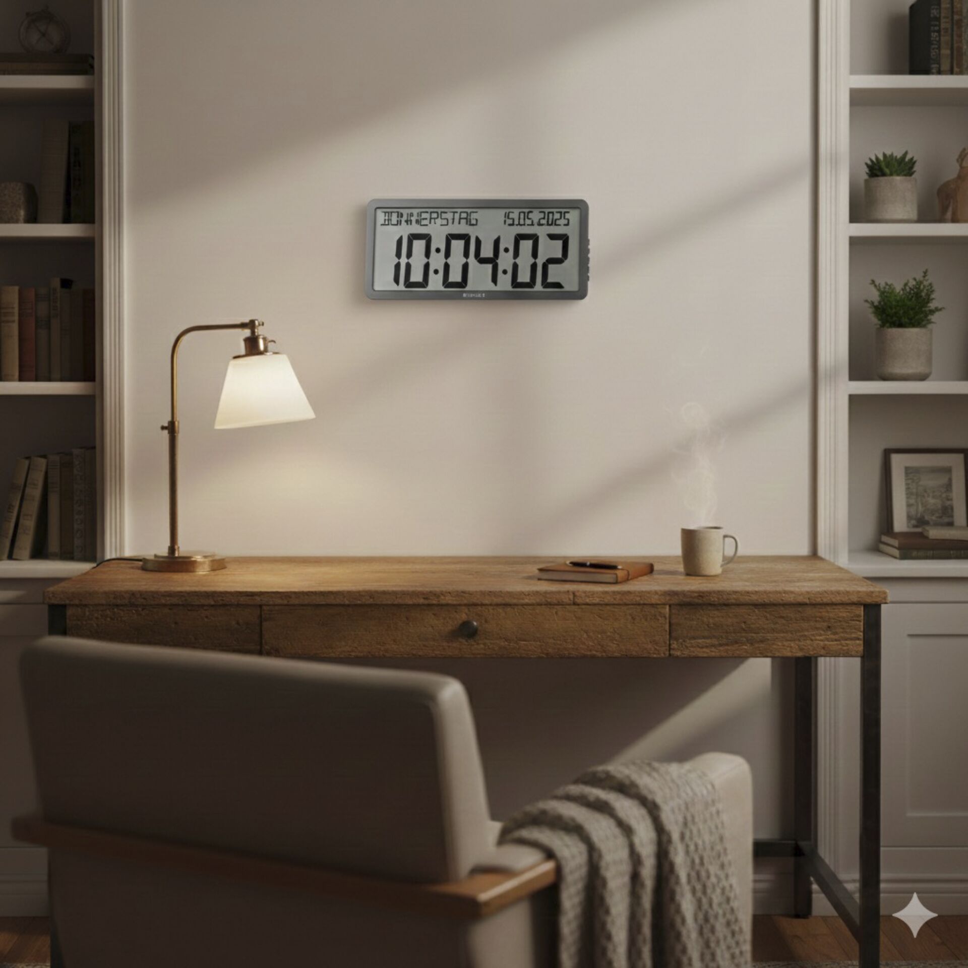 wanduhr, digitaluhr, Schreibtisch, Holzschreibtisch, Tasse
