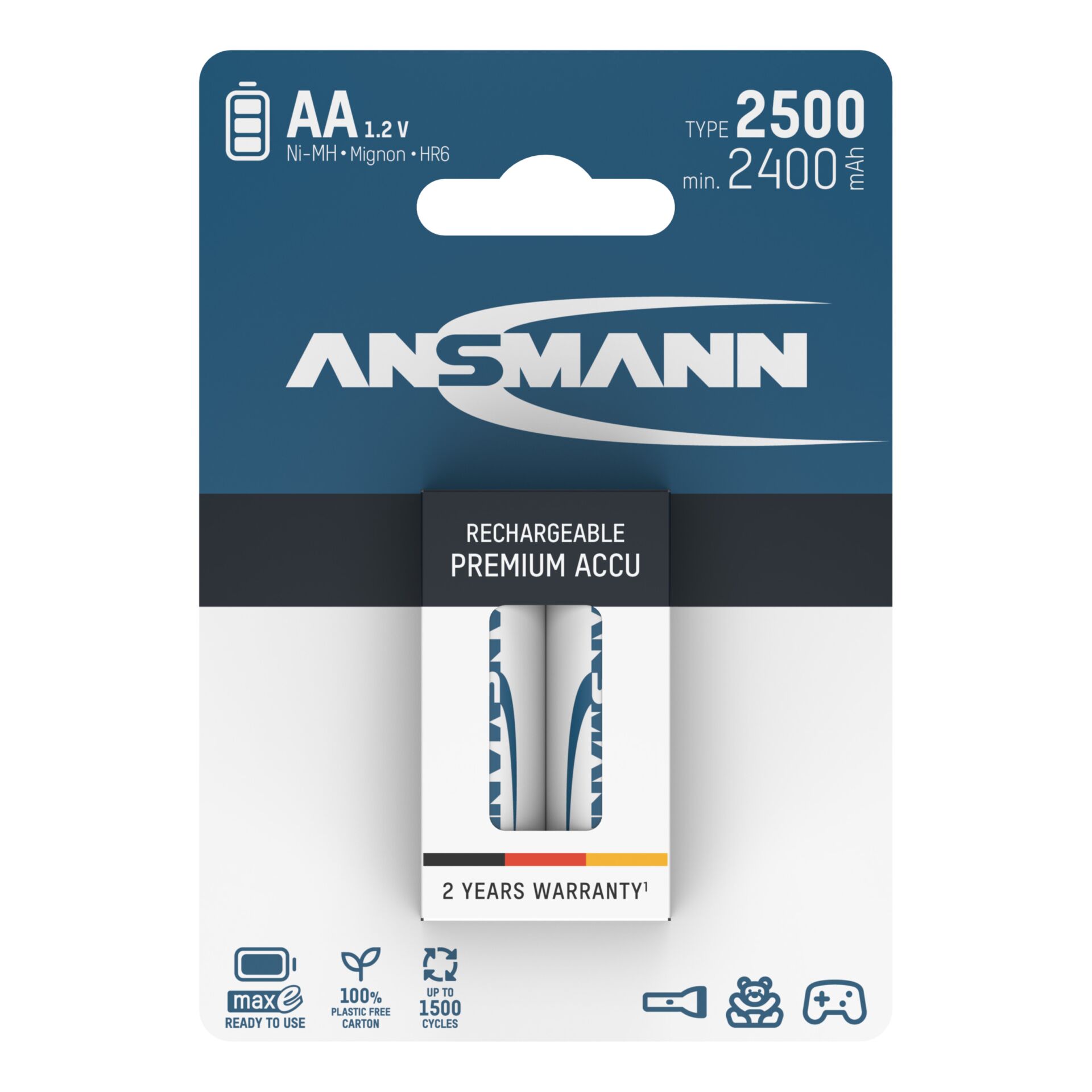 1x2 Ansmann maxE NiMH Akku 2500  Mignon AA 2400 mAh
