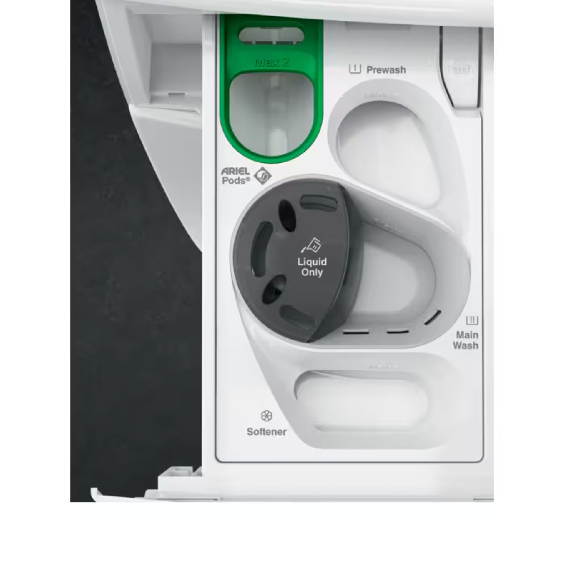 Waschmaschinen-Schublade, Ariel Pods, Liquid-Only, Softener, Main Wash