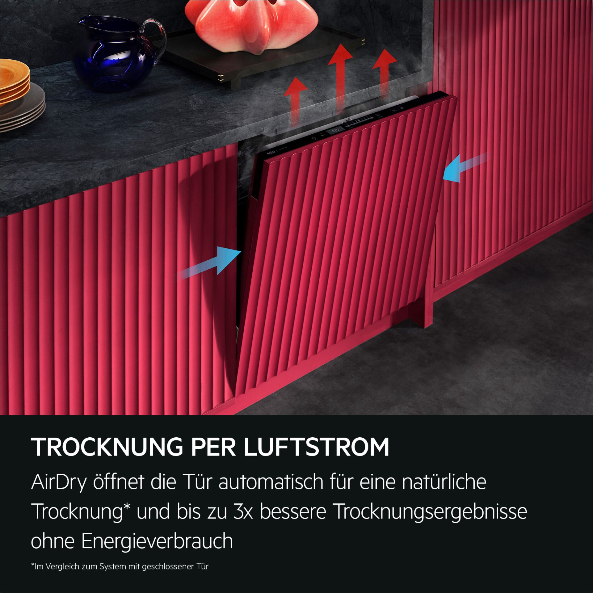 Küchenunterschrank, rasterfront, rote Schrankfront, Küchenoberteil, Trocknungssystem