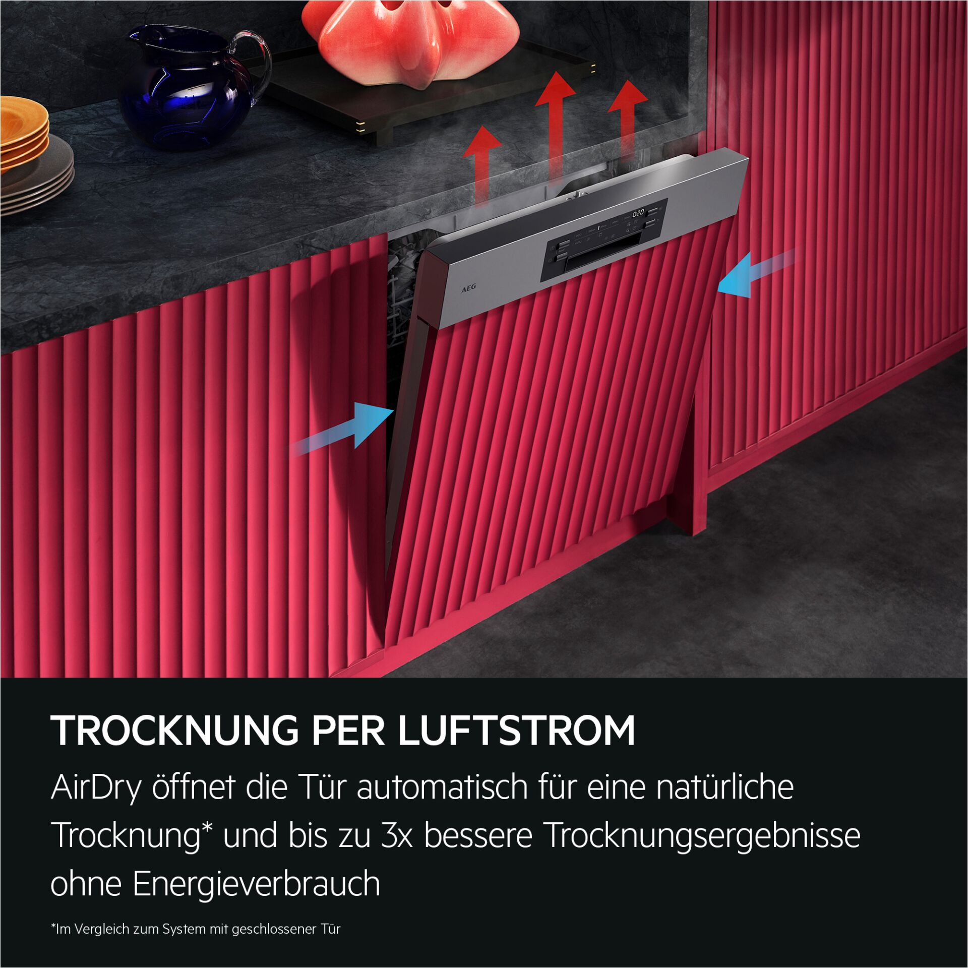 geschirrspüler, küche, roter schrank, trocknung, edelstahl