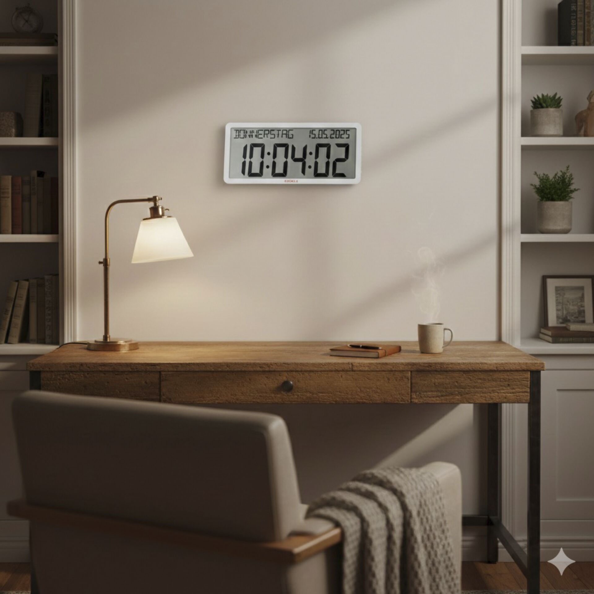 schreibtisch, lampe, wanduhr, tisch, kaffeebecher