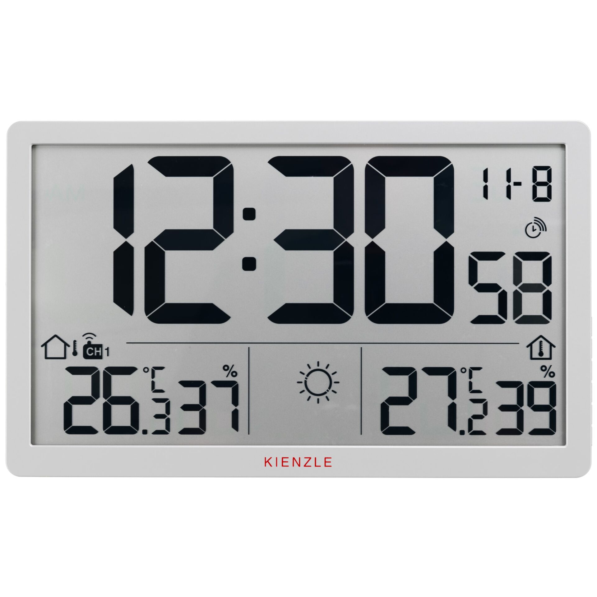 digitaluhr, wanduhr, LCD-anzeige, weißer rahmen, Kienzle