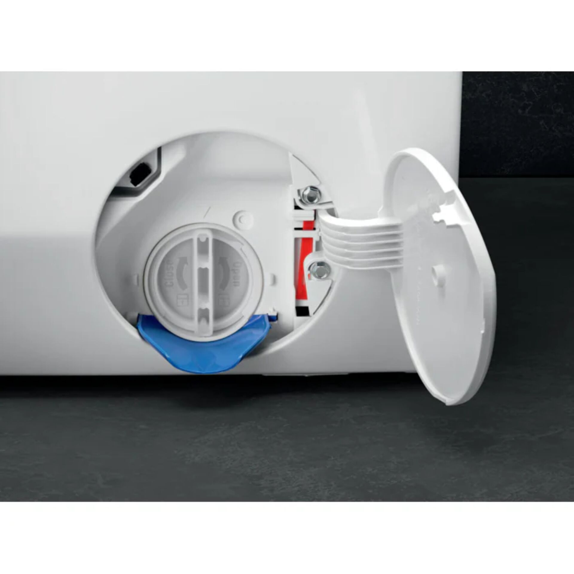 Pumpe-Schüssel, Deckel, blaues-Schutzdeckel, zylindrisches-Fach, weißes-Gerät